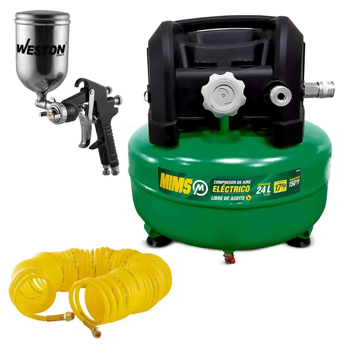 KIT COMPRESOR DE AIRE LIBRE DE ACEITE 24 L+ PISTOLA P/PINTAR D/GRAVEDAD + MANGUERA P/AIRE