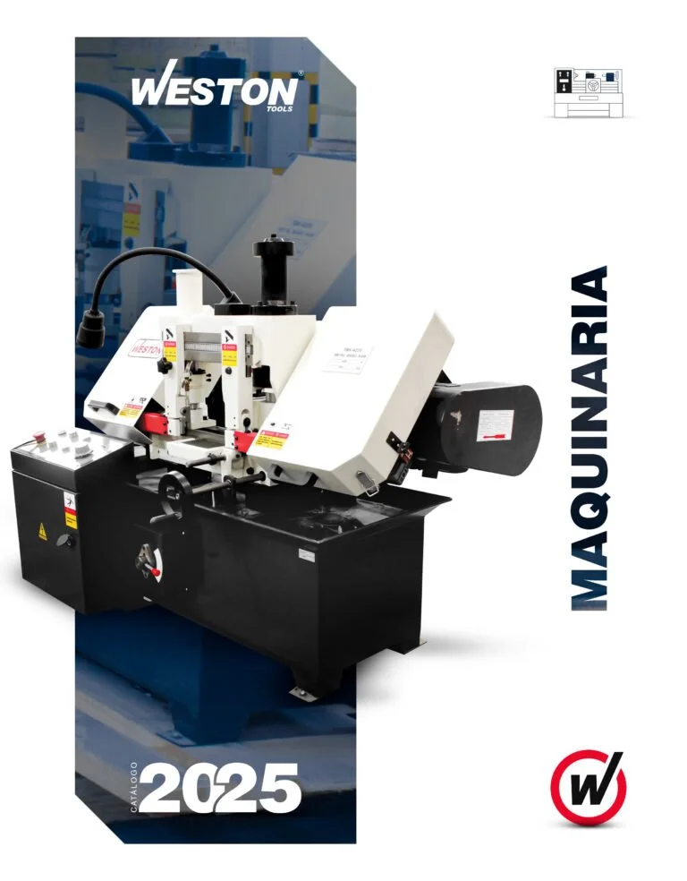 Máquina de herramienta en exhibición con el logotipo de Weston Tools, diseño del catálogo 2025, y un esquema técnico en la esquina superior derecha.