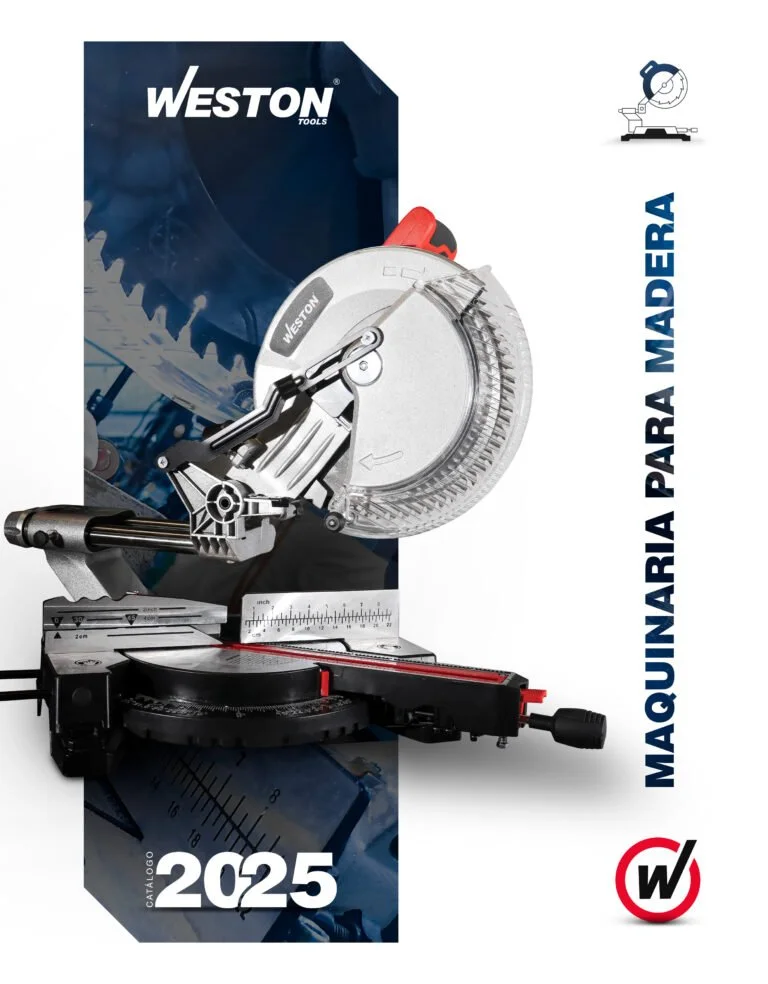 Imagen de una sierra ingletadora de madera de la marca Weston Tools, con una base y una guía para cortes precisos y un disco de corte visible, en un catálogo del año 2025.