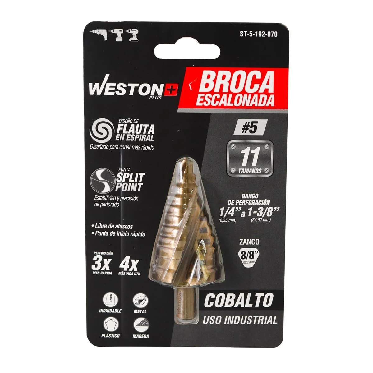 BROCA ESCALONADA ESPIRAL COBALTO #5 1/4'' - 1-3/8''