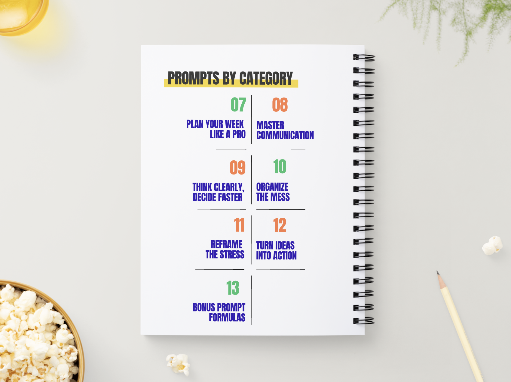 A spiral-bound notebook page titled "Prompts by Category" with a list of prompts numbered 07 to 13, separated into two columns, on a white surface with a bowl of popcorn, a glass of orange juice, a pencil, and some scattered popcorn.