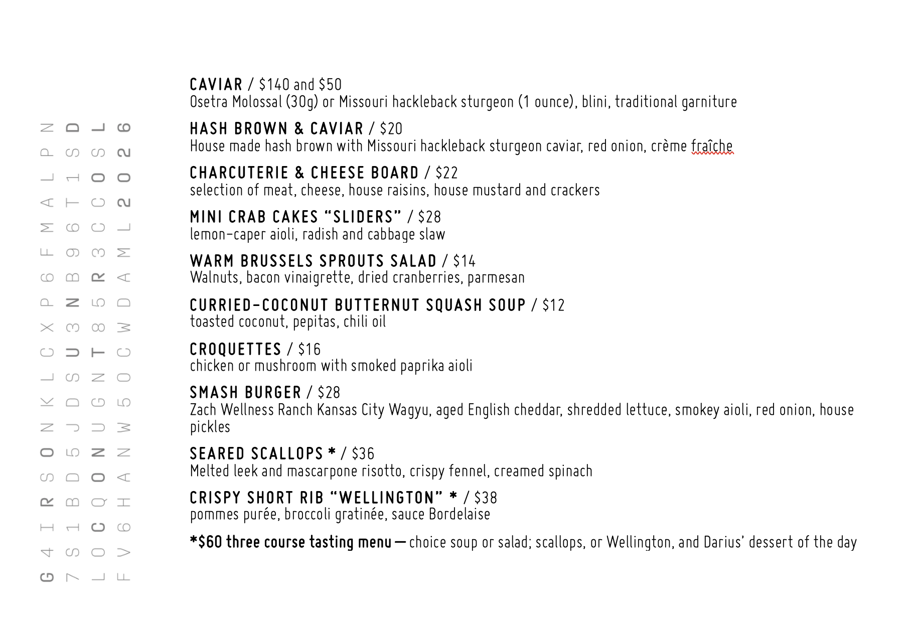 James Beard award-winning chef Ground Control Menu featuring, hash brown and caviar, warm Brussels sprouts salad, curried coconut butternut squash soup, croquettes, smash burger, seared scallops, crispy short rib Wellington, 3-course tasting menu.