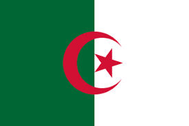 Flag of Algeria: vertical green and white halves with a red crescent and star in the center with text reading مرحباً