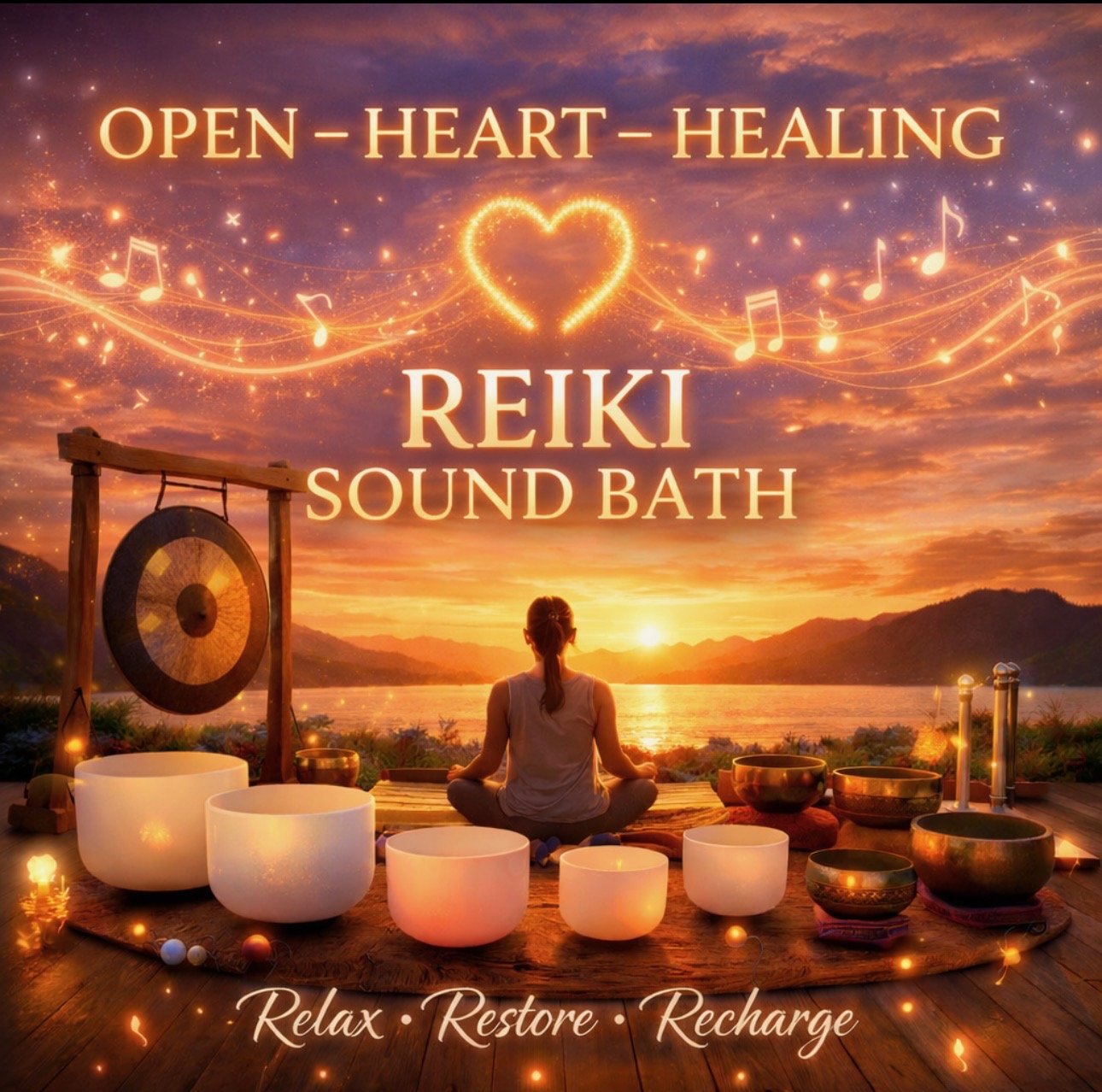 Sunset over a lake with a woman sitting cross-legged in meditation in front of singing bowls, gongs, and candles, promoting a Reiki sound bath session for relaxation, restoration, and healing.