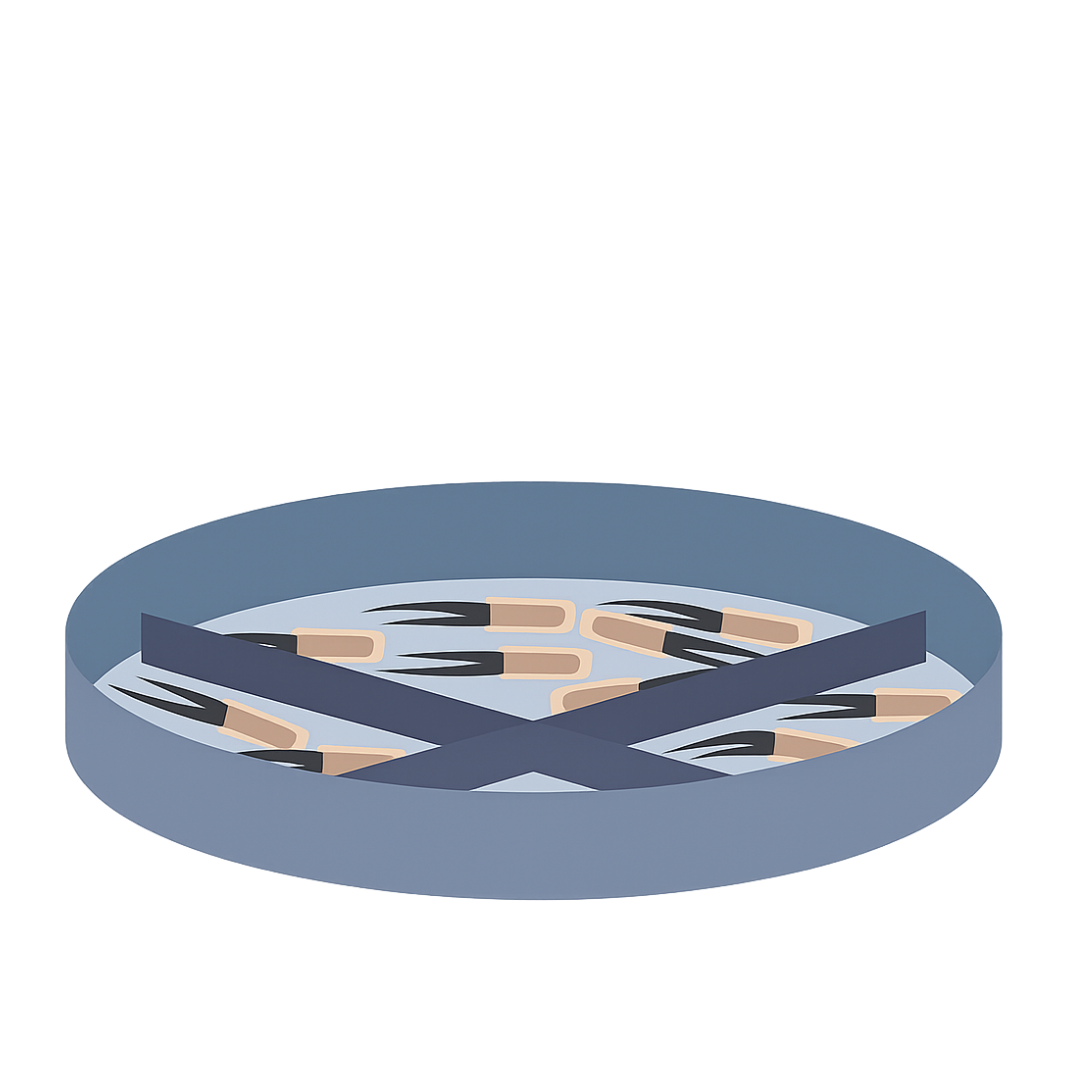 A round container holding multiple safety matches, with some matches crossed and others lying separately.