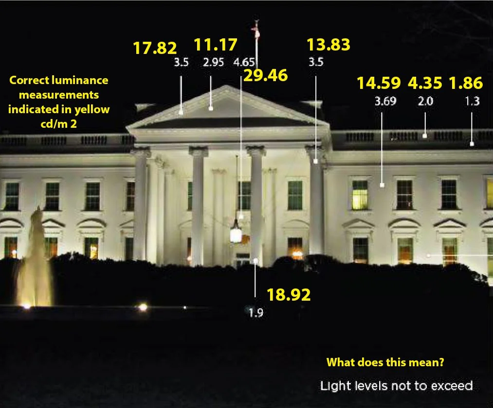 (Photo: DarkSky DC luminance measurements for the White House — in yellow text. These stood in contrast to the numbers originally reported in the Union Station lighting proposal — in white text.)