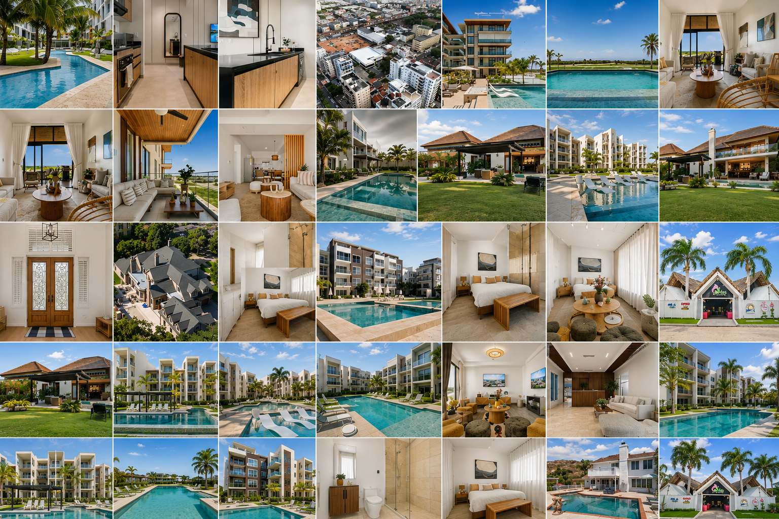 A collage of images showing modern apartment buildings, pools, and interior living spaces with contemporary furniture and decor.