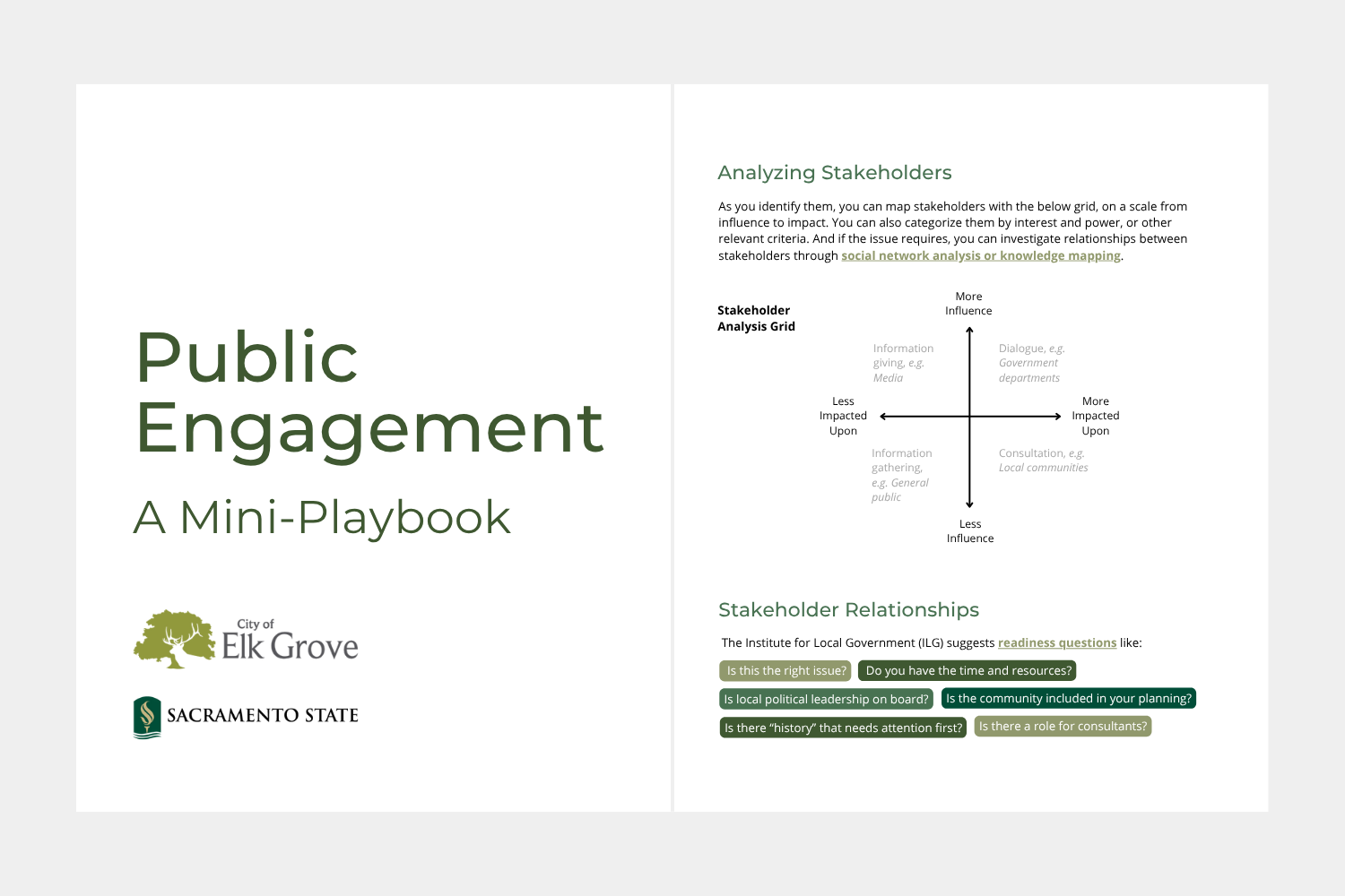 Cover page of a mini-playbook titled 'Public Engagement' by the City of Elk Grove and Sacramento State, featuring a stakeholder analysis grid and relationship questions for local government engagement.