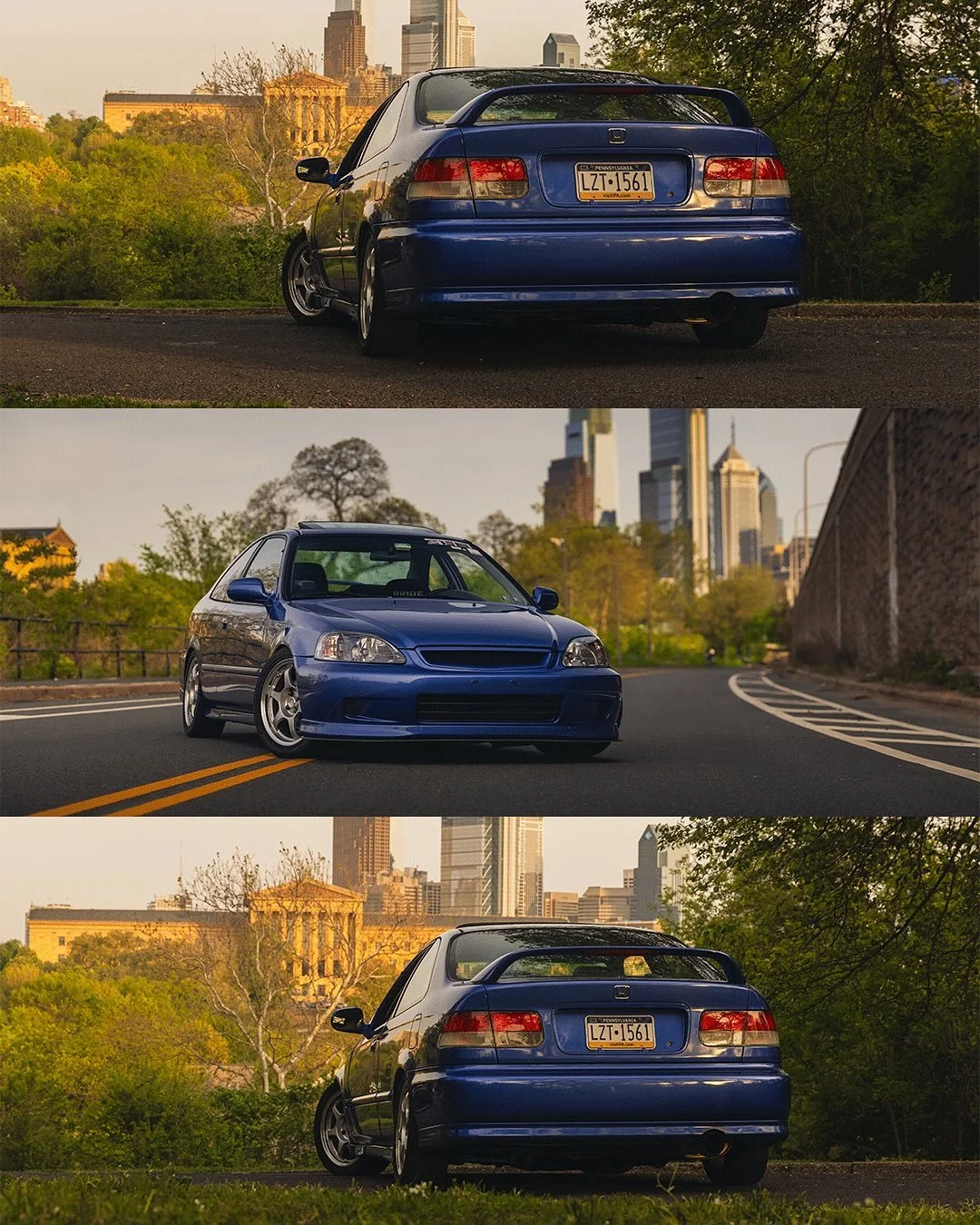 Lens compression: a case study. 

Both shots are from nearly the same angle, with the car about the same size - but do you notice the size of the buildings in the background?

A longer focal length pulls those background elements closer, while a wide
