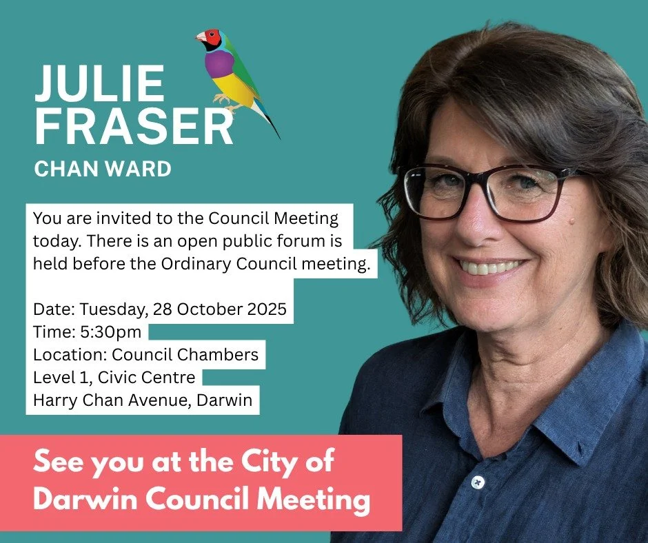 Just a reminder: You are invited to the @cityofdarwin Council Meeting today. There is an open public forum is held before the Ordinary Council meeting of each month.
Date: Tuesday, 28 October 2025
Time: 5:30pm
Location: Council Chambers Darrandirra
