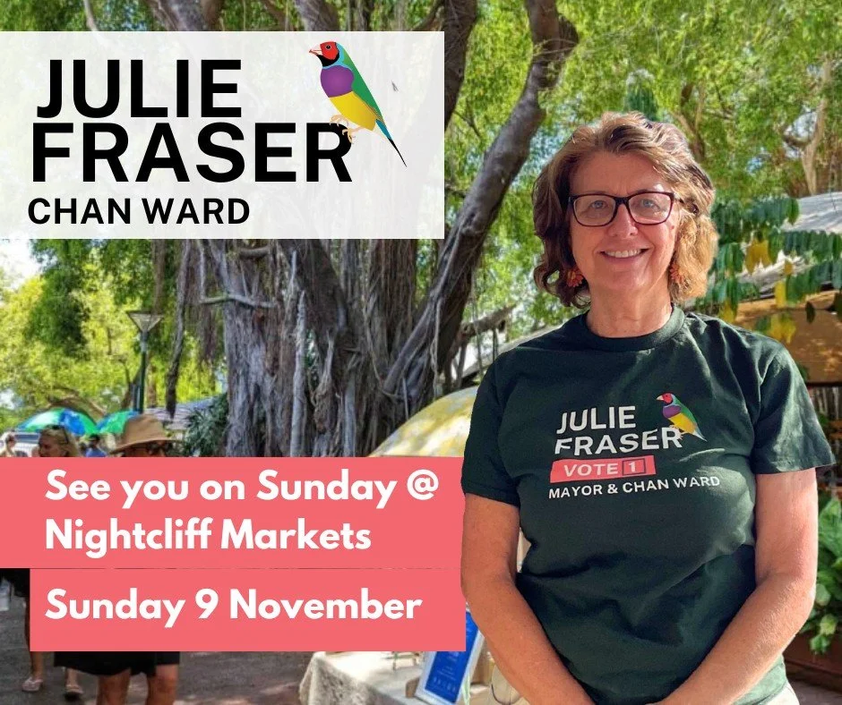 See you tomorrow at Nightcliff Markets - grab a coffee and have a chat.  The markets are my Open Office - so let me know what matters to you and I will take your issues and solutions to council.

#openoffice #thisispeoplepower 
#independentrepresenta