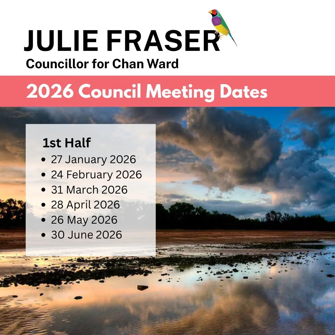 It's the first City of Darwin Council Meeting for 2026  on Tuesday, 27 January and I'll be joining the meeting online. See the link to the agenda below as  there will be motion discussing Lee Point at the meeting.

Please join the meeting in the publ