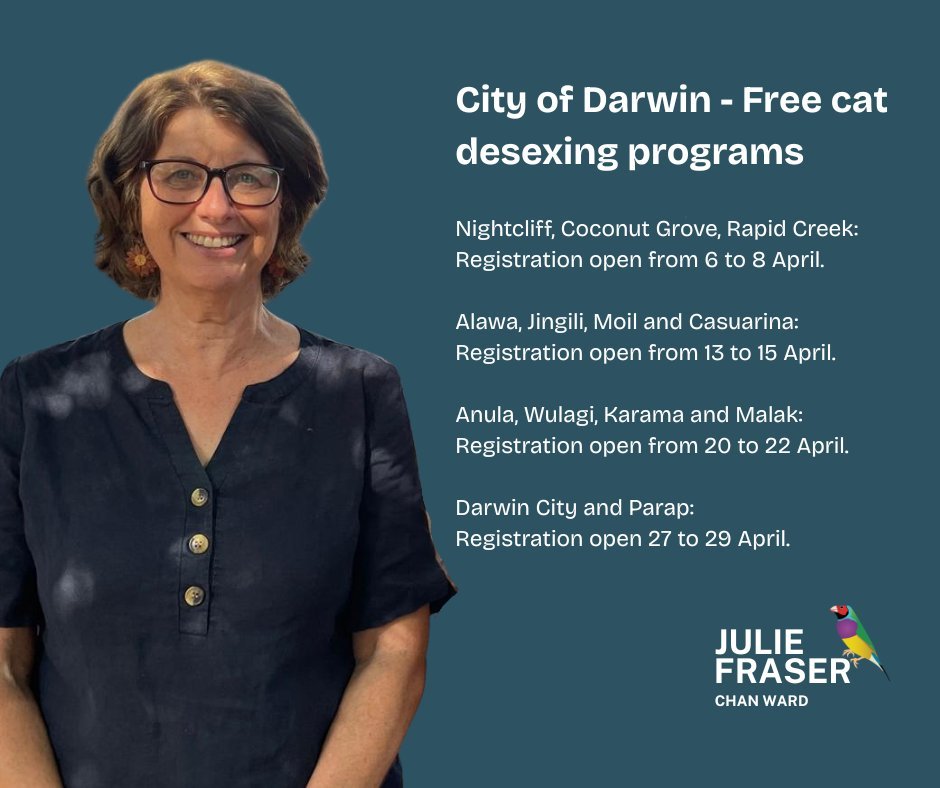 Remember to get your cat registered for free cat desexing. City of Darwin is rolling out a free cat desexing program in targeted suburbs following its six-month Cat Tracking Program. 

Suburbs and dates below
Nightcliff, Coconut Grove and Rapid Creek