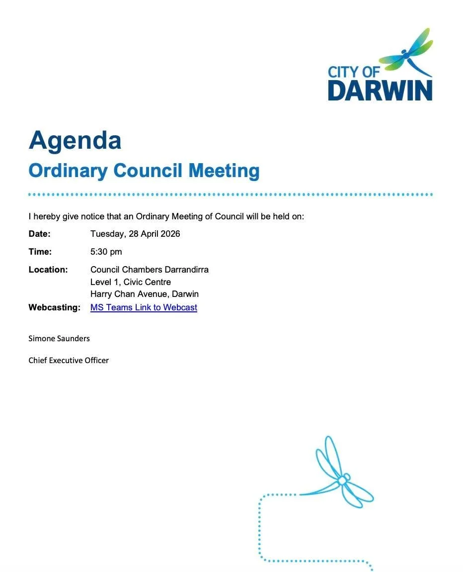 We  have an  Ordinary Council Meeting coming up this Tuesday evening. I'll be bringing a motion about Lee Point, you can read it here or in the agenda. 

If you would like to come to the Public Forum and Ordinary Meeting of Council 
Date: Tuesday, 28