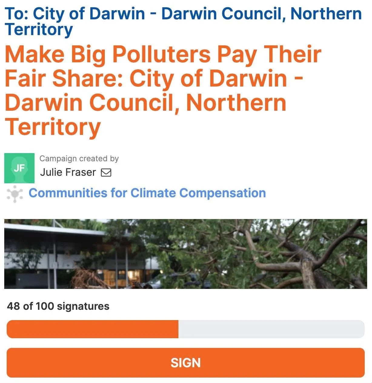 Sign the Make Big Polluters Pay Their Fair Share petition: https://tinyurl.com/4bvbjuph

I'm asking the City of Darwin to  pass a Polluter Pays motion to support a Climate Compensation Fund, which would help protect local services, strengthen and rep