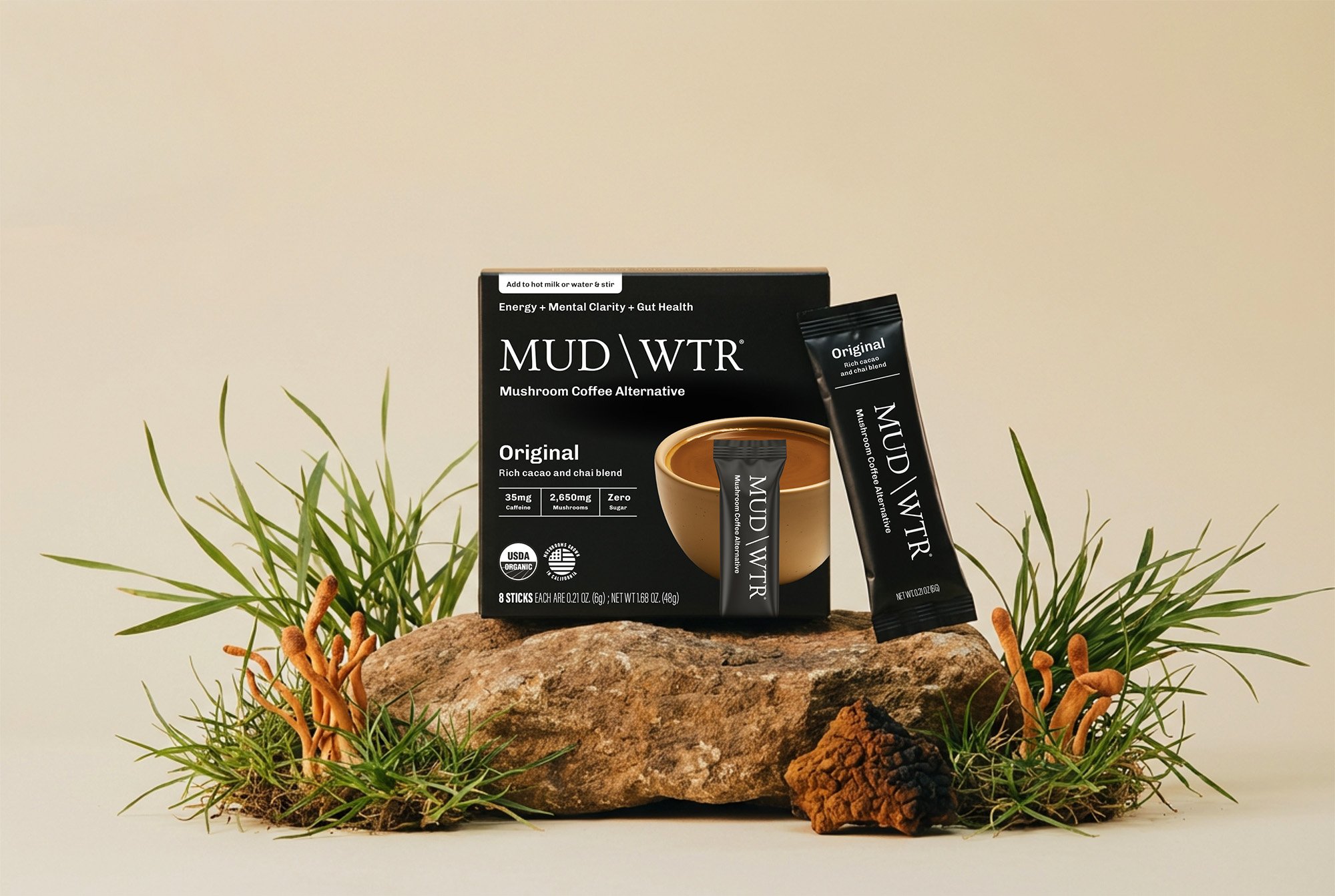 MUD\WTR Packaging Design Portfolio Architecture Anna Ison Auros Design Mushroom Coffee Alternative Original Stick Packs