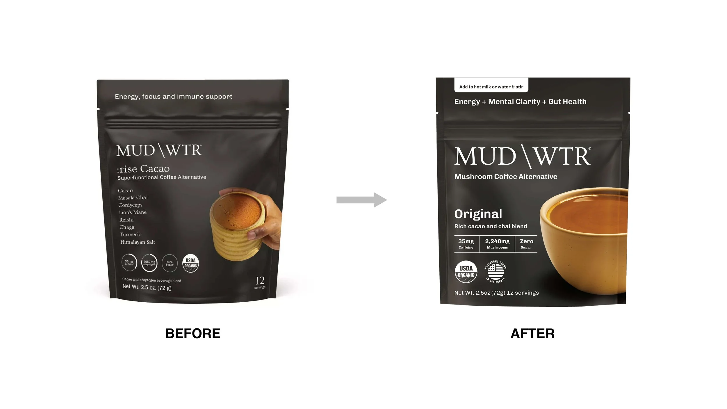 MUD\WTR Packaging Design Refresh Before and After  Anna Ison Auros Design Mushroom Alternative