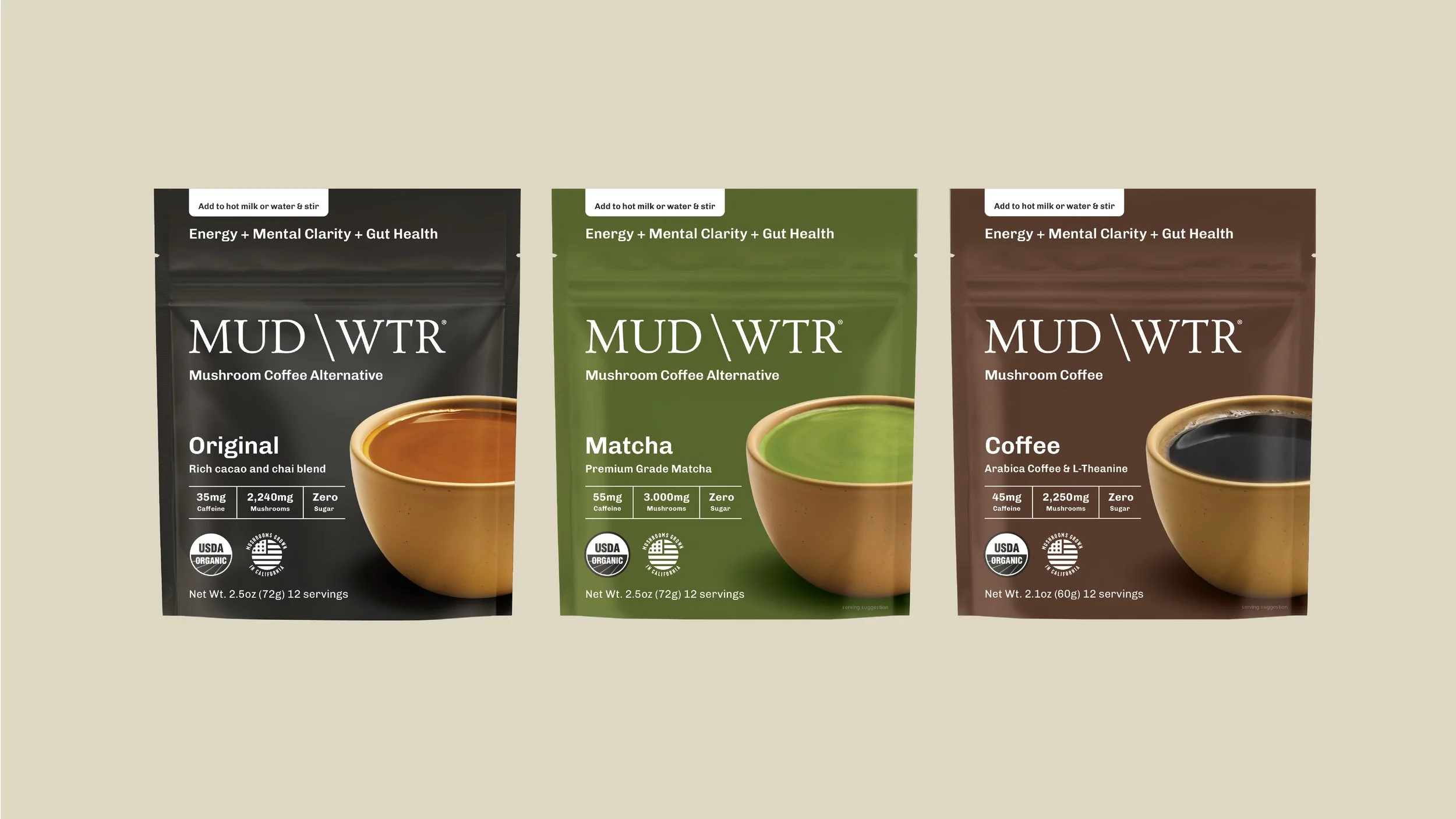 MUD\WTR Packaging Design Refresh Anna Ison Auros Design Mushroom Alternative Core Original Matcha Coffee