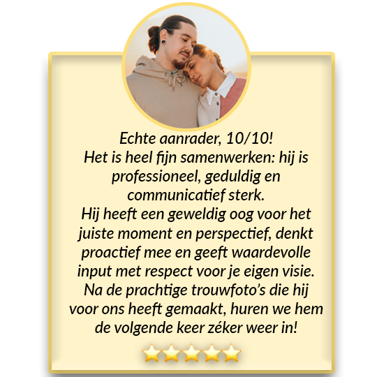 Professionele trouwfoto’s geschoten door een fotograaf met oog voor het juiste moment en perspectief.