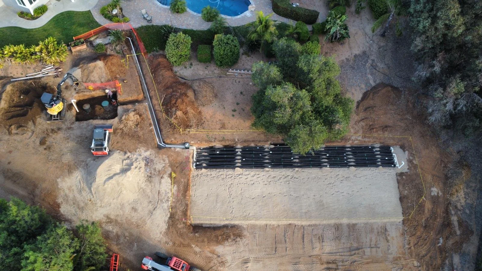 Aerial view of septic system and dispersal field installation in San Diego County