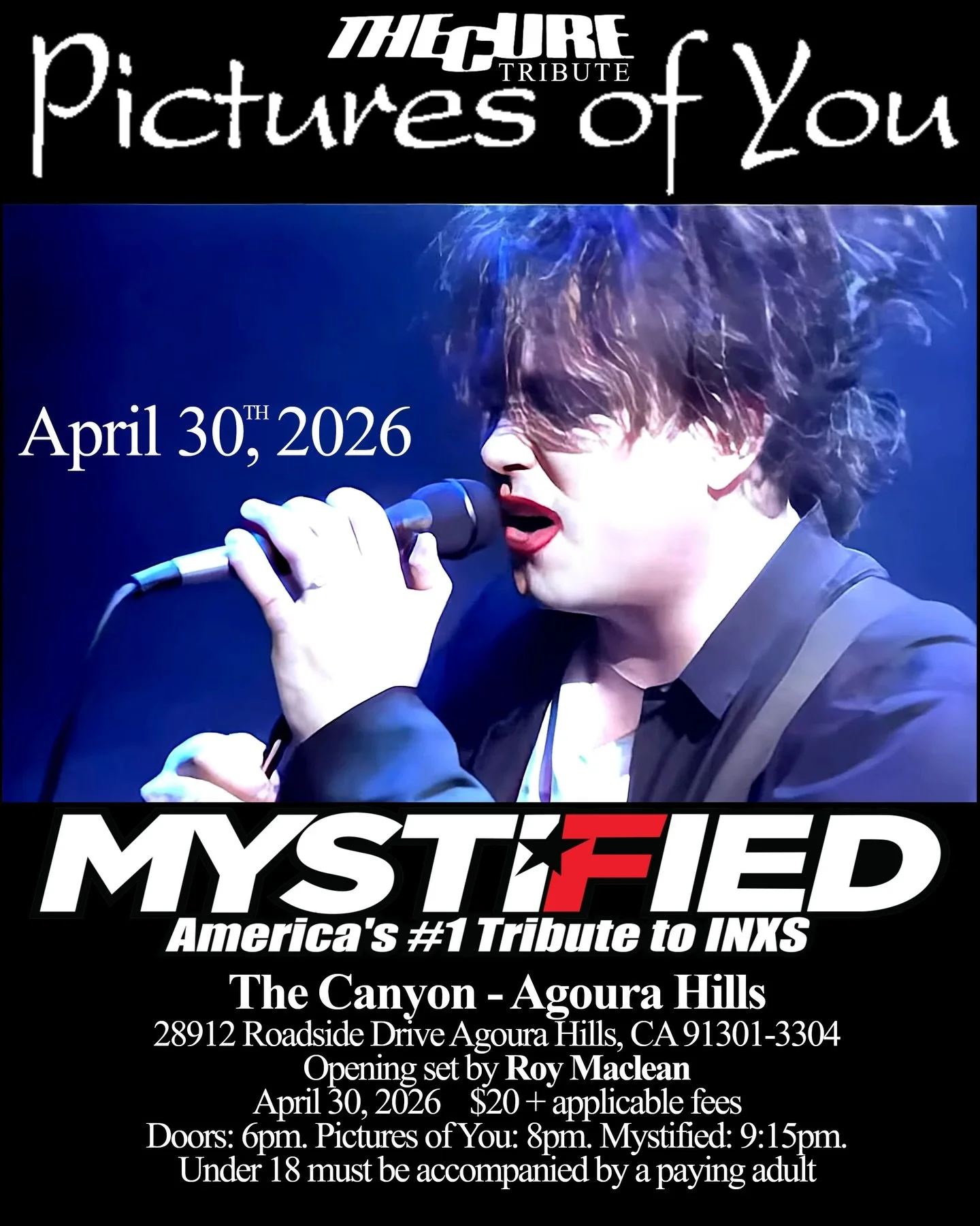 Coming up Thursday April 30th we will be sharing the stage with @mystifiedband @canyonagoura Doors at 6, music starts at 7, we play at 8 sharp, Mystified plays at 9:15 sharp. See you there! #thecure #inxs #80smusic #livemusic #danceparty