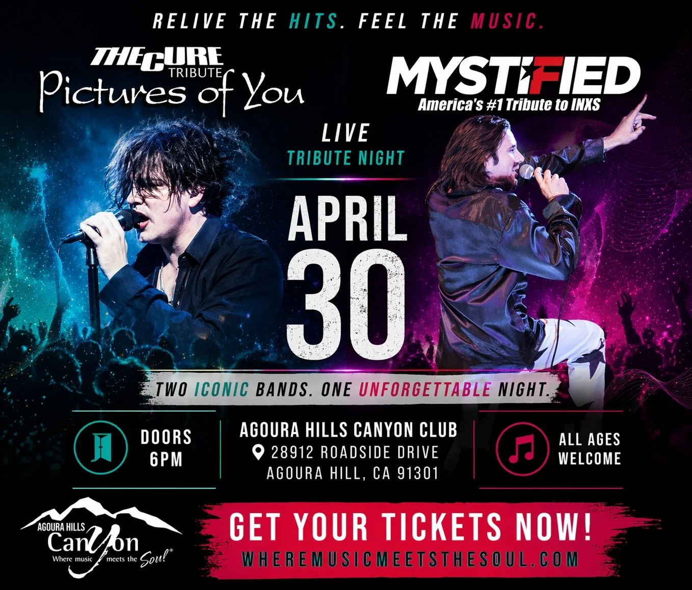 Thursday April 30th @pictures_of_you_tribute and @mystifiedband @canyonagoura Doors at 6, music starts at 7, we play at 8 sharp, Mystified plays at 9:15 sharp. See you there!  #thecure #inxs #80smusic #livemusic #danceparty