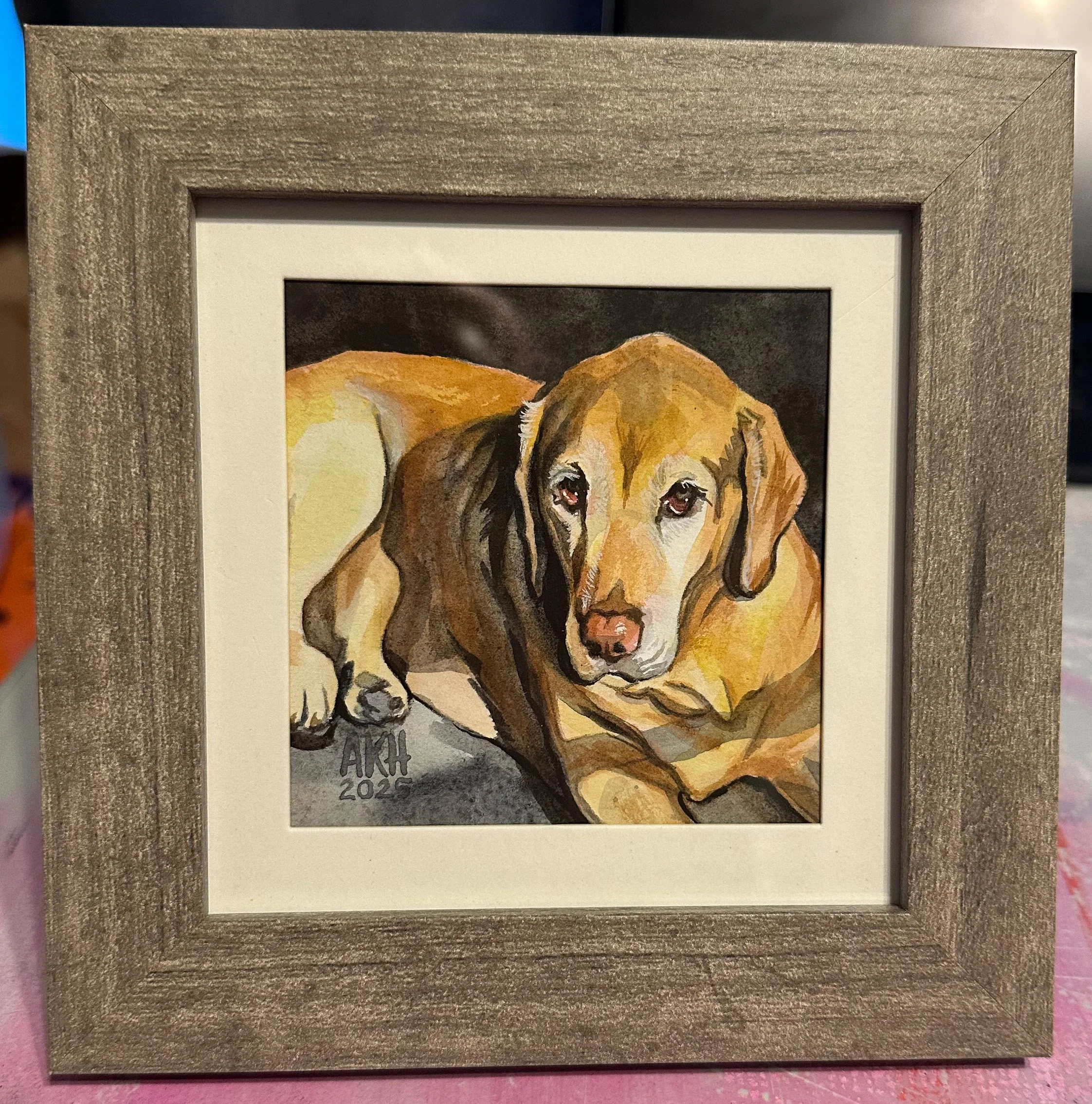 Framed Watercolor - "Ivy" - Pup Portrait (4" x 4")