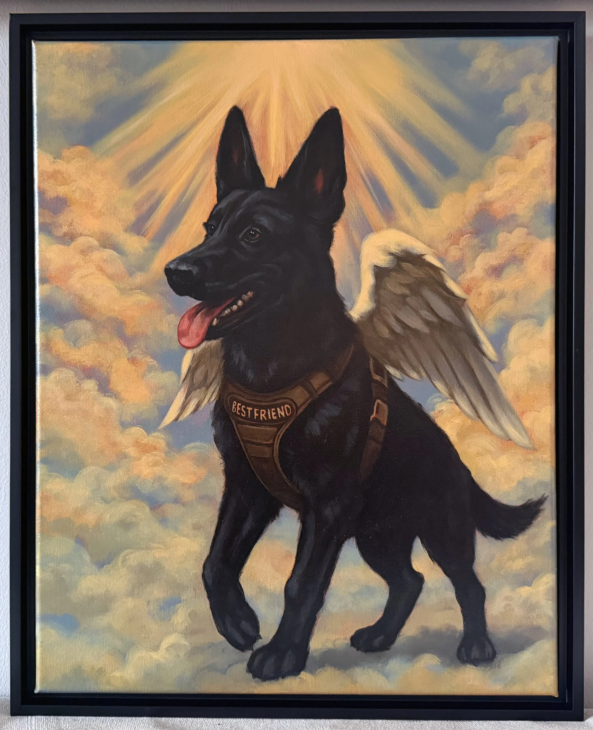 Oil on Canvas, floating black frame - Pet Memorial Portrait - "Kaiser" (16" x 20")