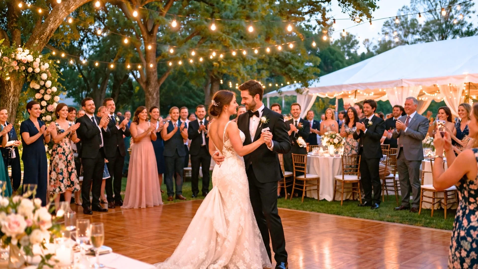 Outdoor wedding reception with couple dancing under lights