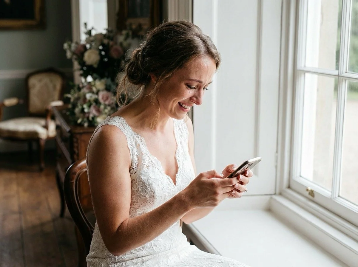 A woman getting emotional while scrolling on her phone