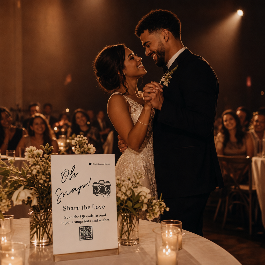 Bride and Groom dancing next to a Dearest QR code sign