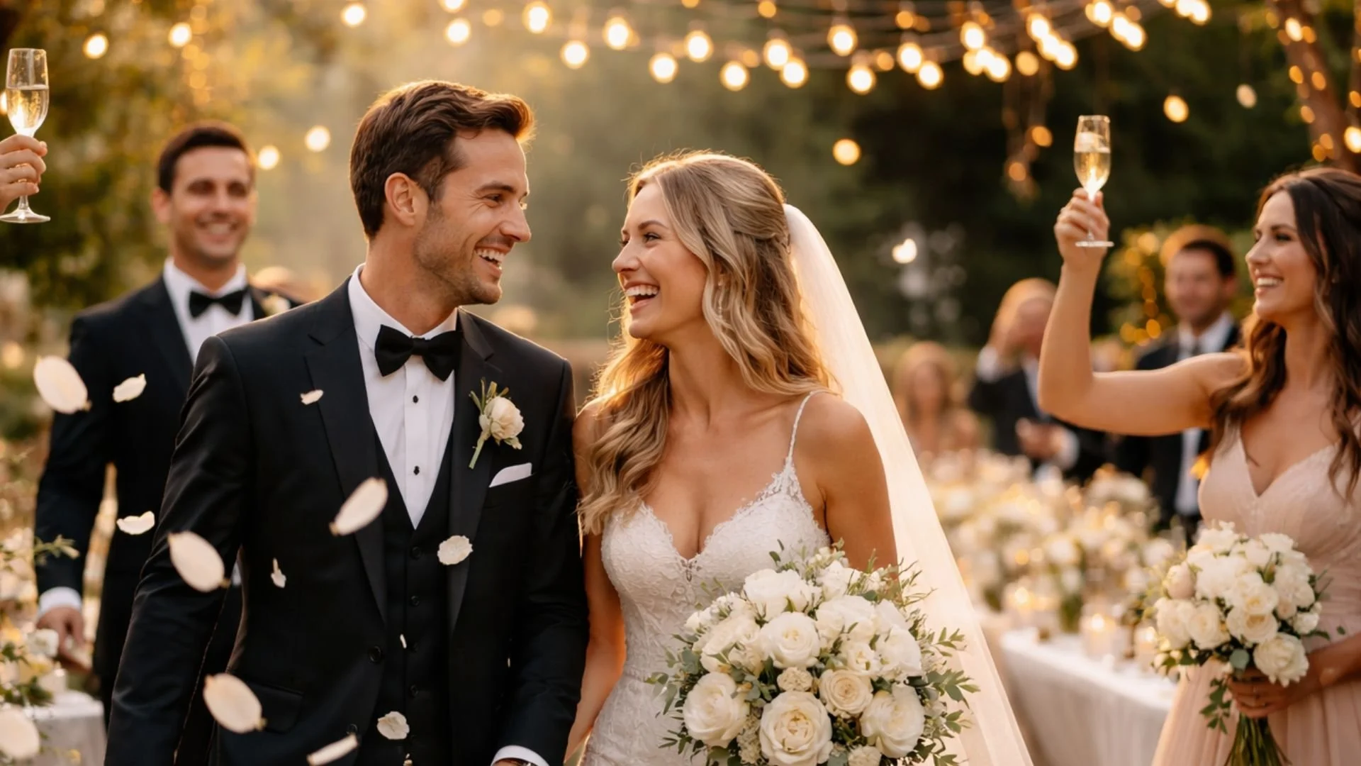 Bride and groom smiling walking through romantic wedding celebration