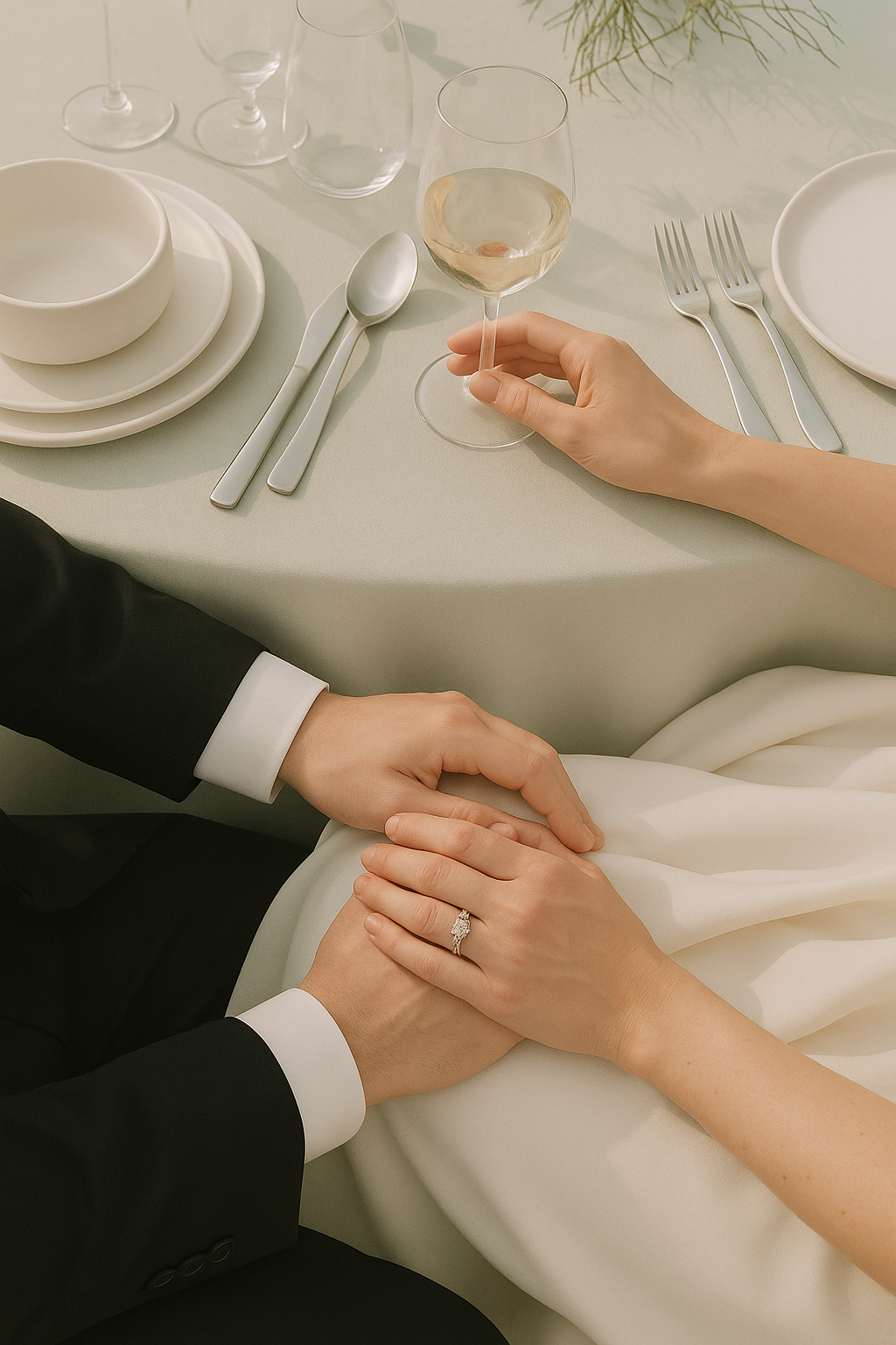 Couple holding hands at a formal dinner table with plates, glasses, and silverware.