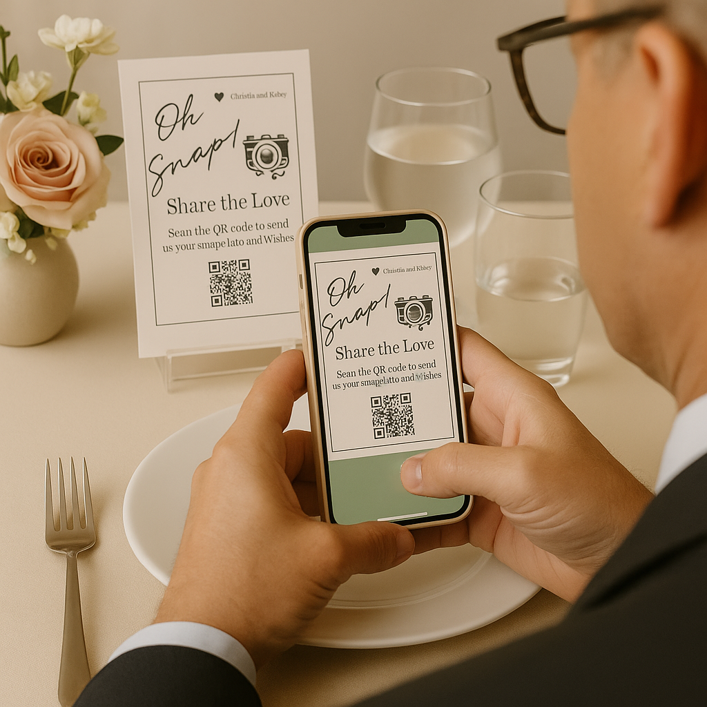A person in a black suit holding a smartphone over a plate, scanning a QR code on a sign that reads 'Share the Love' at a table with a fork, two glasses of water, and a flower arrangement in a vase.