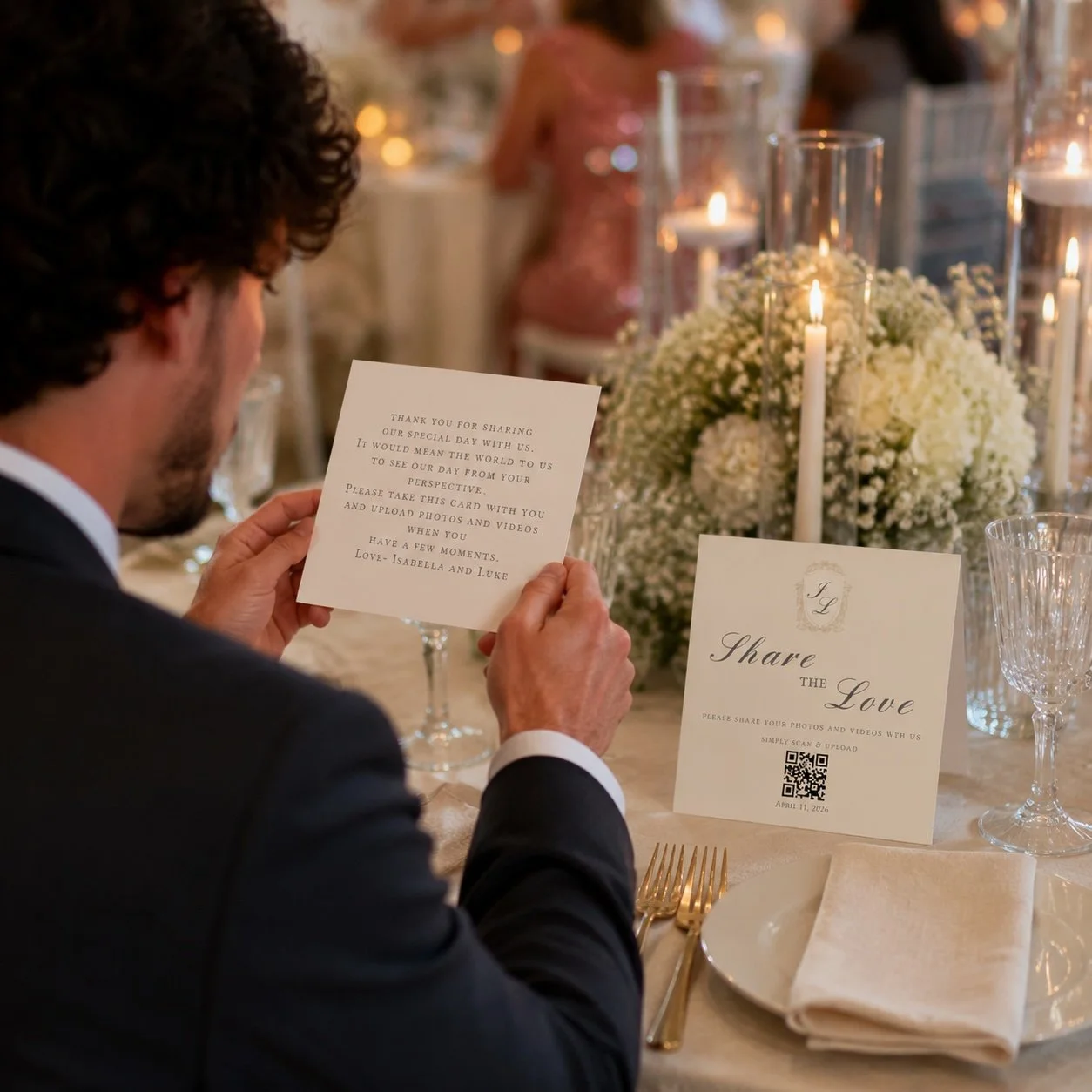 Wedding thank you card at a place setting with a QR code for guest photos