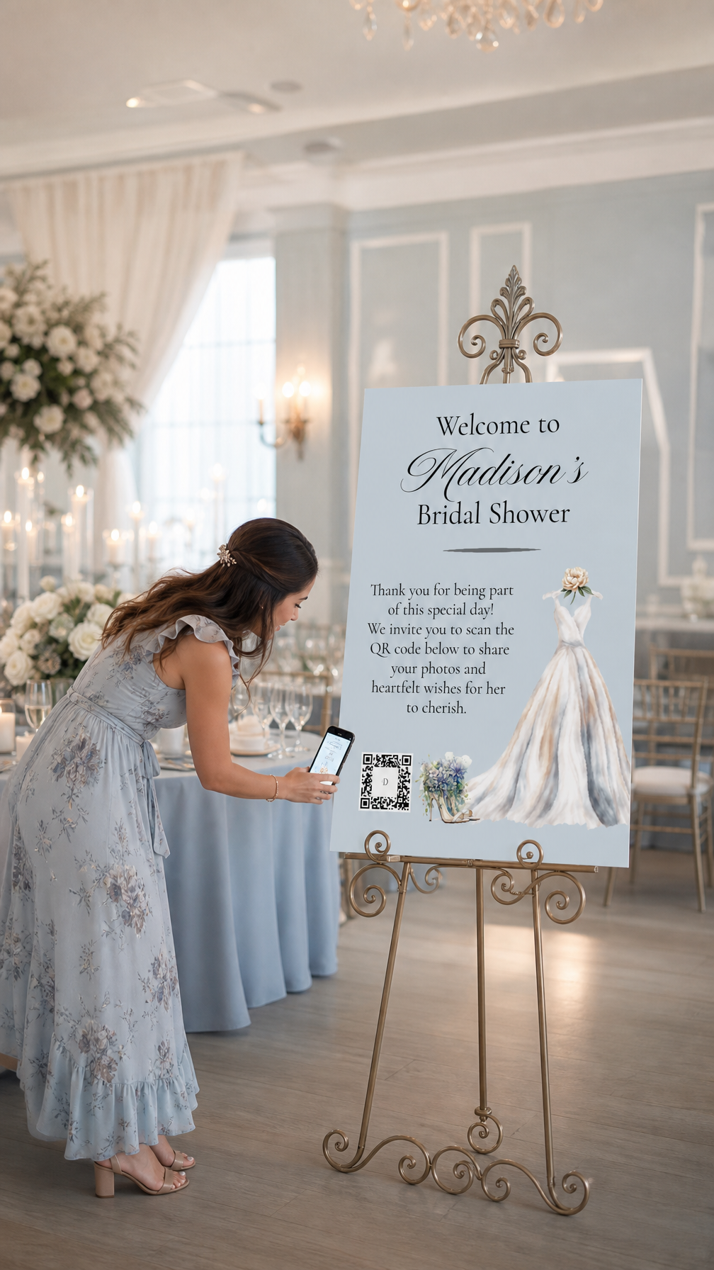 Woman scanning a wedding QR code for photos on her phone at a formal event reception.