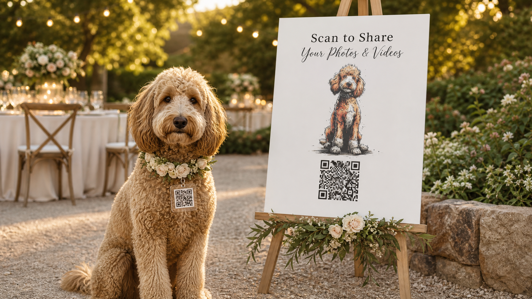 Doodle with a Dearest QR code on collar and his picture on a sign