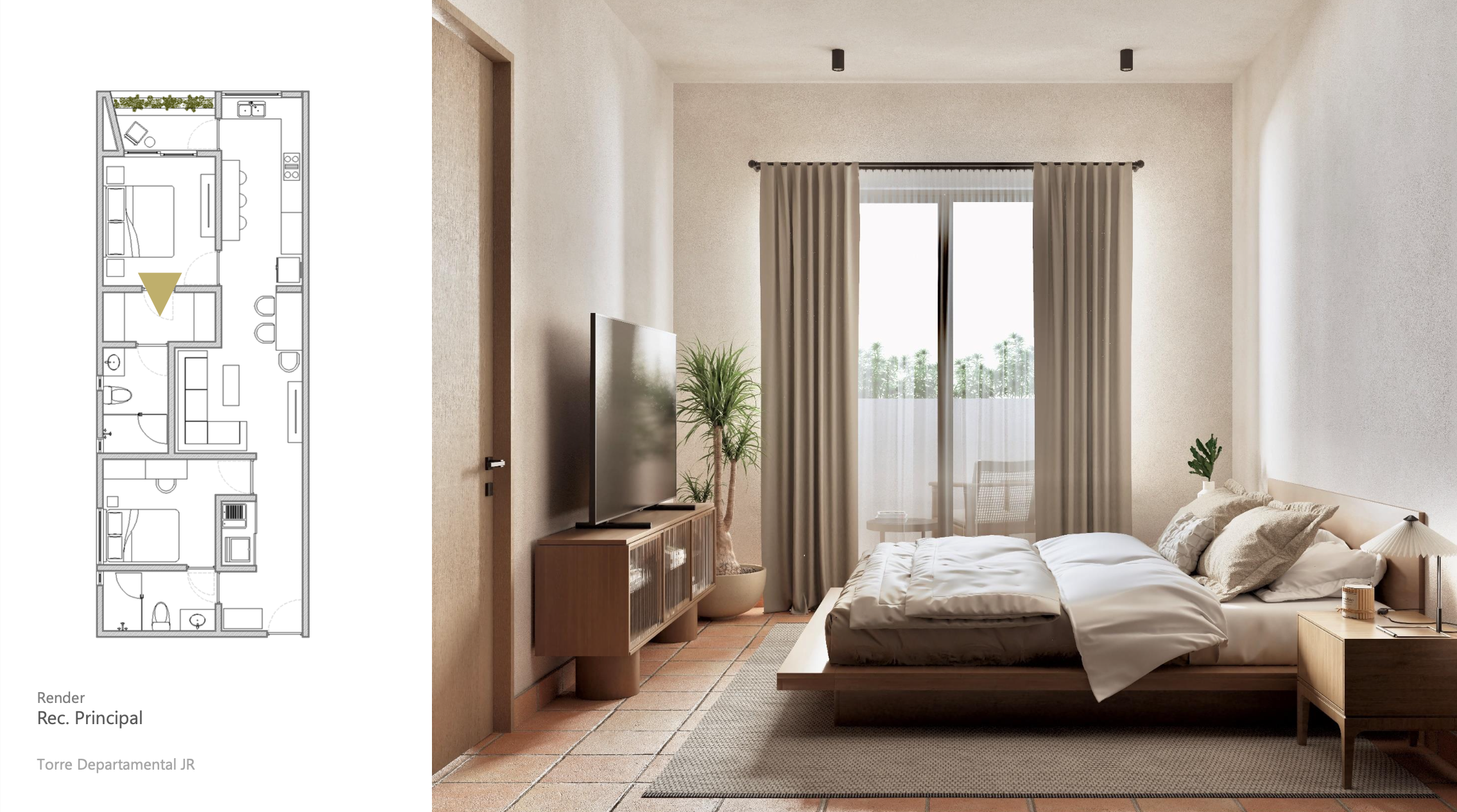 Habitación moderna con cama, televisión sobre mueble de madera, planta verde, cortinas beige y vista a un balcón con árboles.