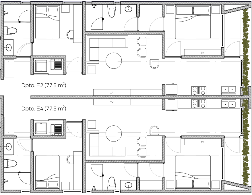 Plano del departamento con dos unidades, E2 y E4, de 77.5 metros cuadrados cada una, incluyendo habitaciones, baños, cocinas, áreas de sala y comedor, y un área exterior con plantas en la esquina derecha.