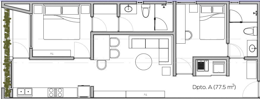 Plano de un apartamento de 77.5 metros cuadrados con sala, cocina, dos habitaciones y baños.