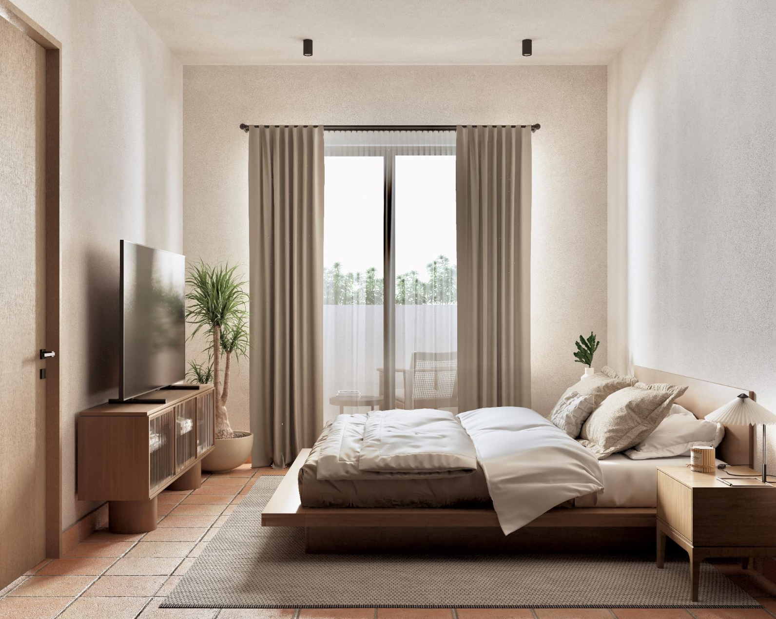 Habitación moderna con cama, televisión, plantas y balcón con vista a árboles.