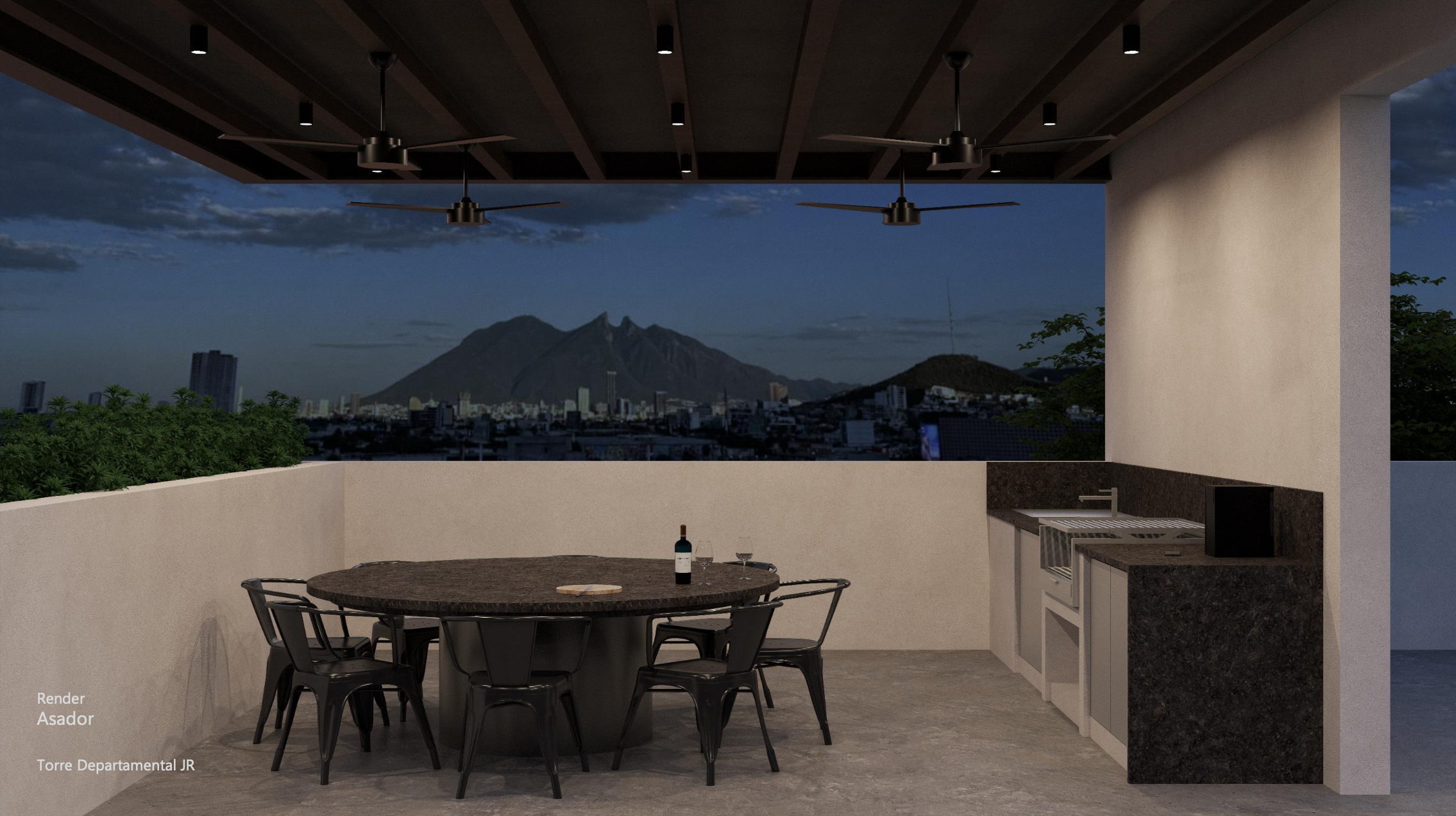 Terraza con mesa redonda, sillas negras, vino y copas, área de cocina con fregadero y microondas, vista nocturna de la ciudad y un volcán en el fondo.