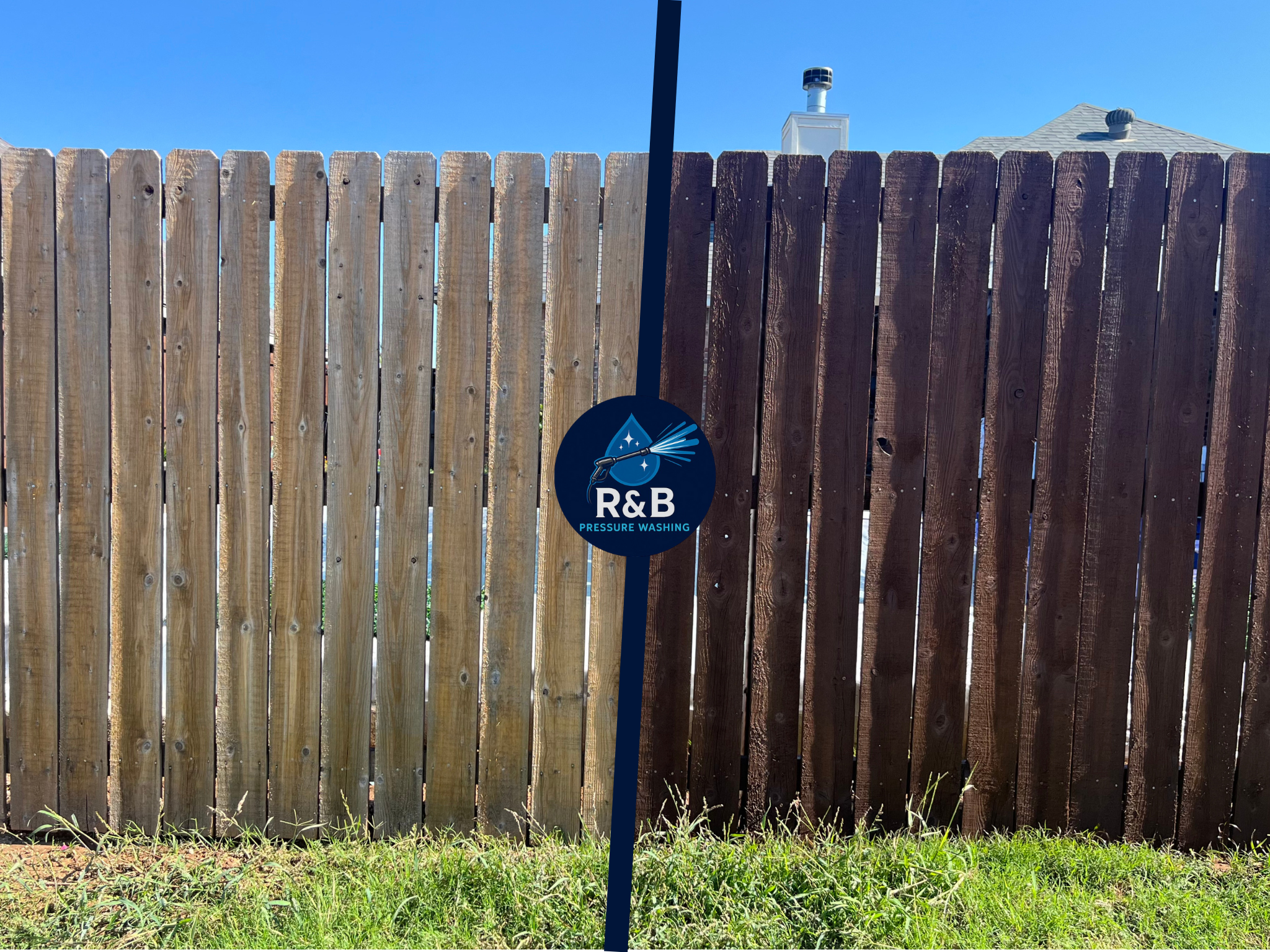 Comparison of two wooden fences, one untreated and the other stained, with a pressure washing service logo in the center.