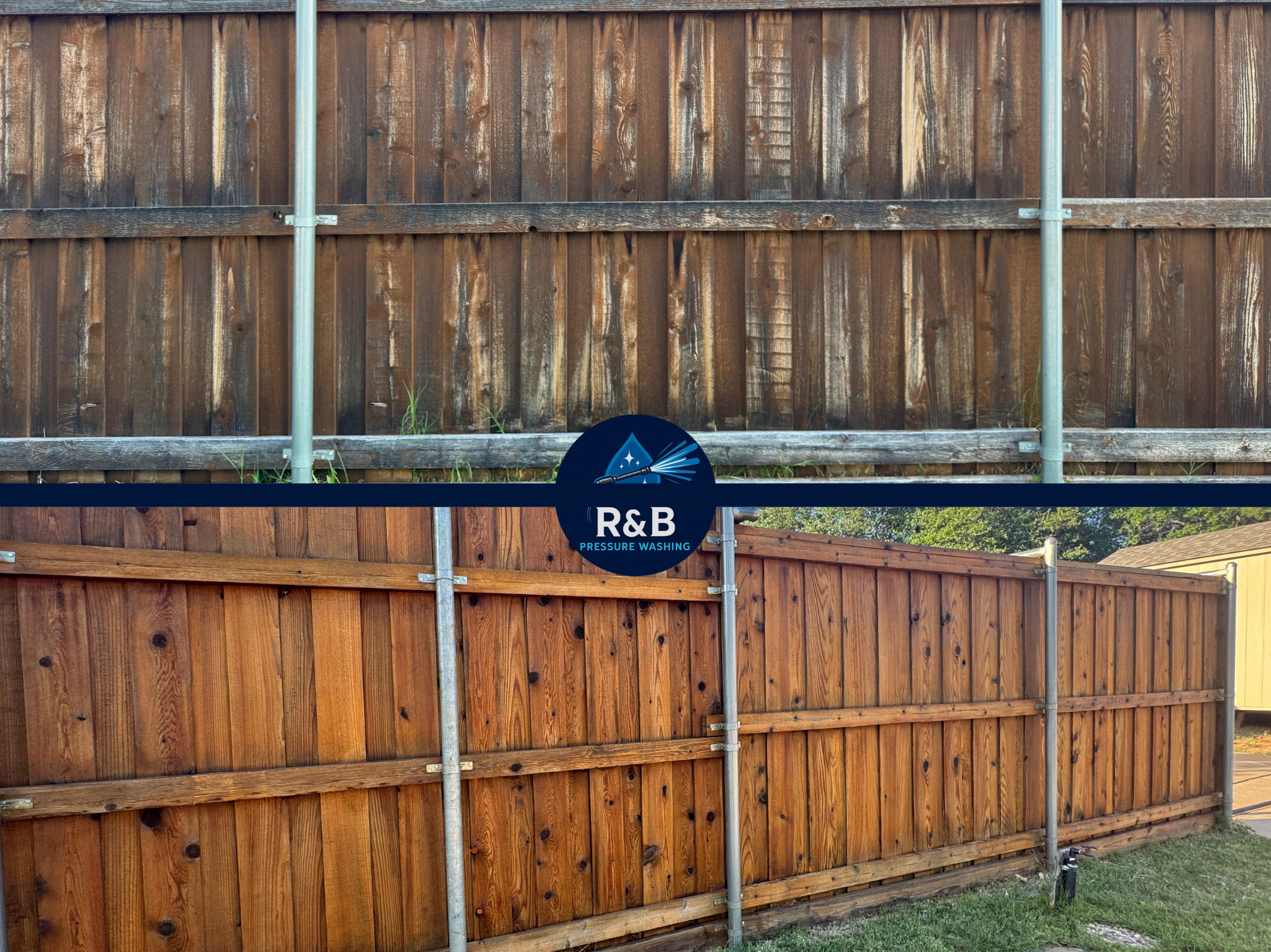 Comparison of a weathered wooden fence above the same fence after restoration, with a logo for R&B Pressure Washing in the center.