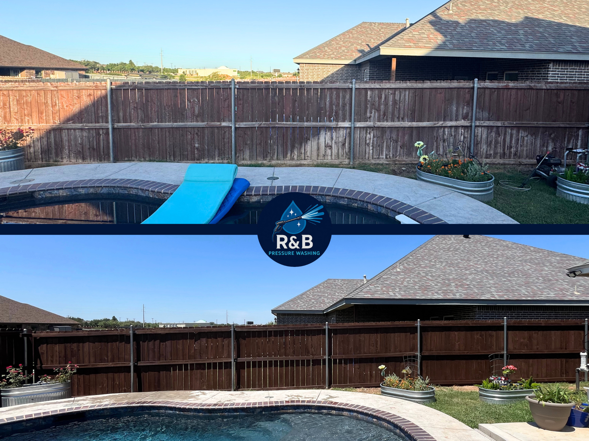 Before and after images of a backyard cleaning, showing a clean, pressure-washed fence and pool area with flowers and garden decorations.