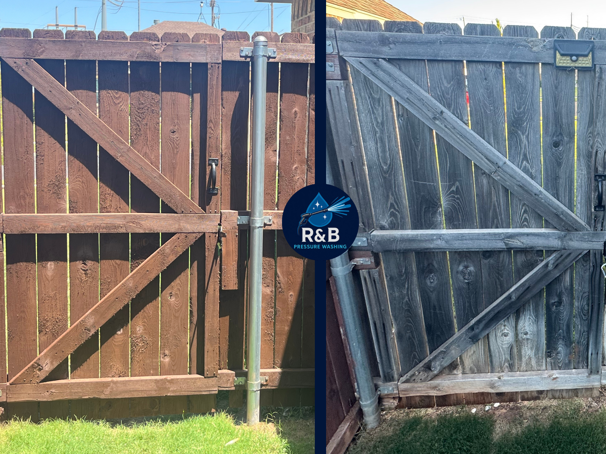 Comparison of a brown wooden gate on the left and a weathered gray wooden gate on the right, both with diagonal support beams, black handles, and attached to metal posts.