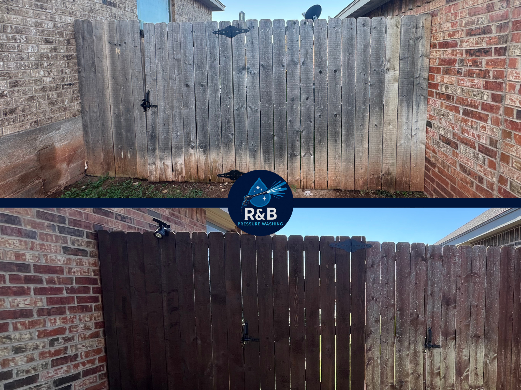 Comparison of a weathered wooden fence before and after pressure washing, with a company logo for R&B Pressure Washing in the center.