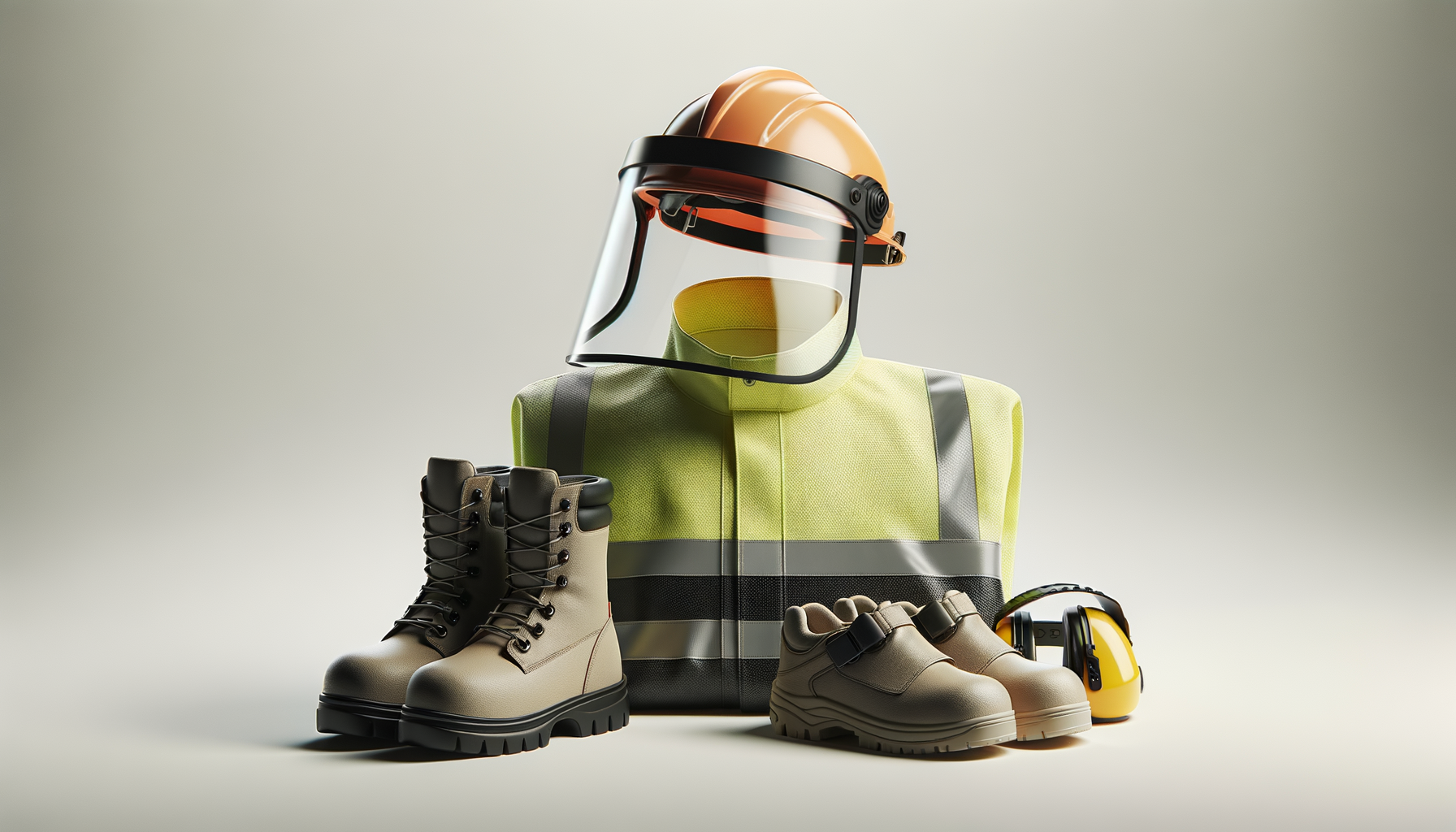 Collection of safety gear including a yellow high-visibility vest, a tan hard hat with a face shield, two pairs of tan work shoes, and ear protection, arranged on a plain background.