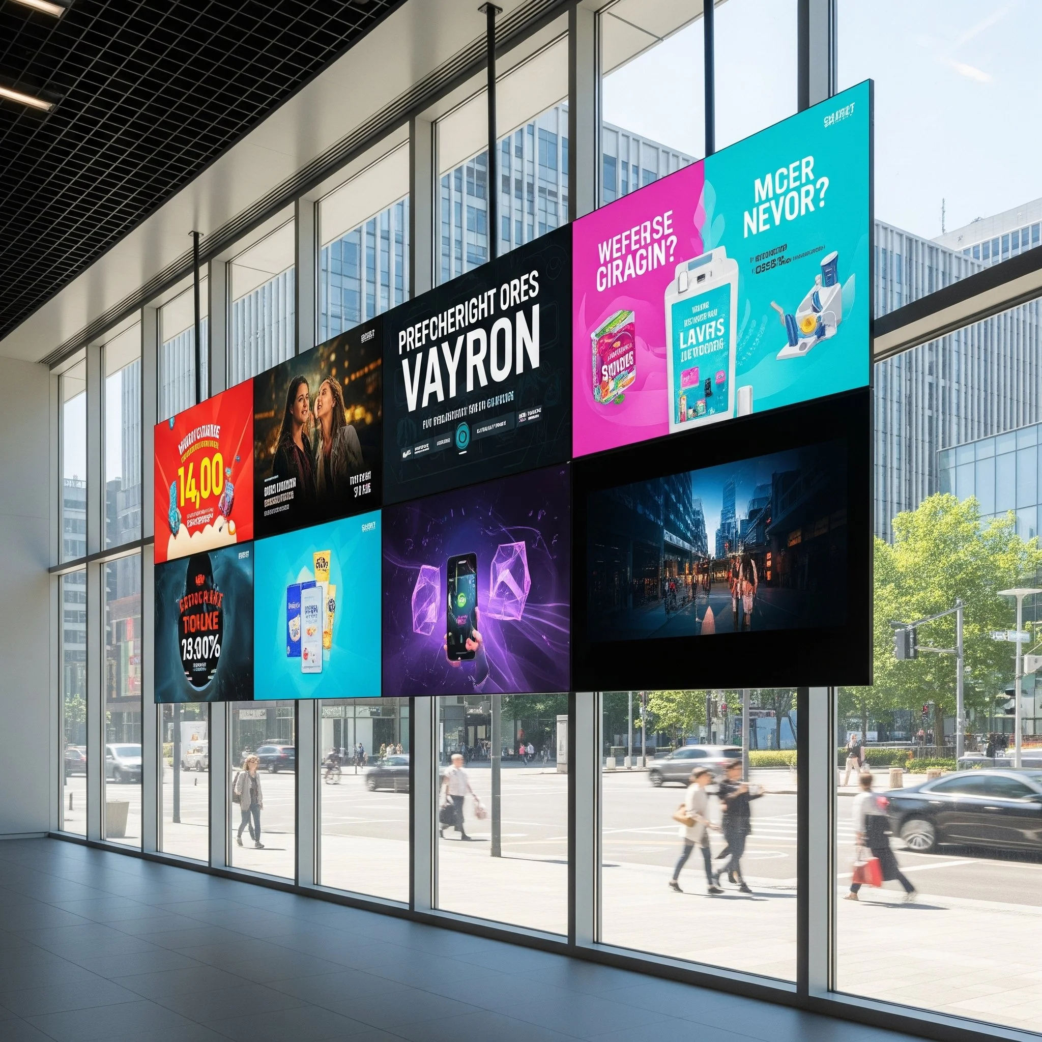 Large digital advertising display inside a modern building with glass windows overlooking a city street, showing multiple colorful advertisements and a black screen showing a cityscape at night. Gold Coast