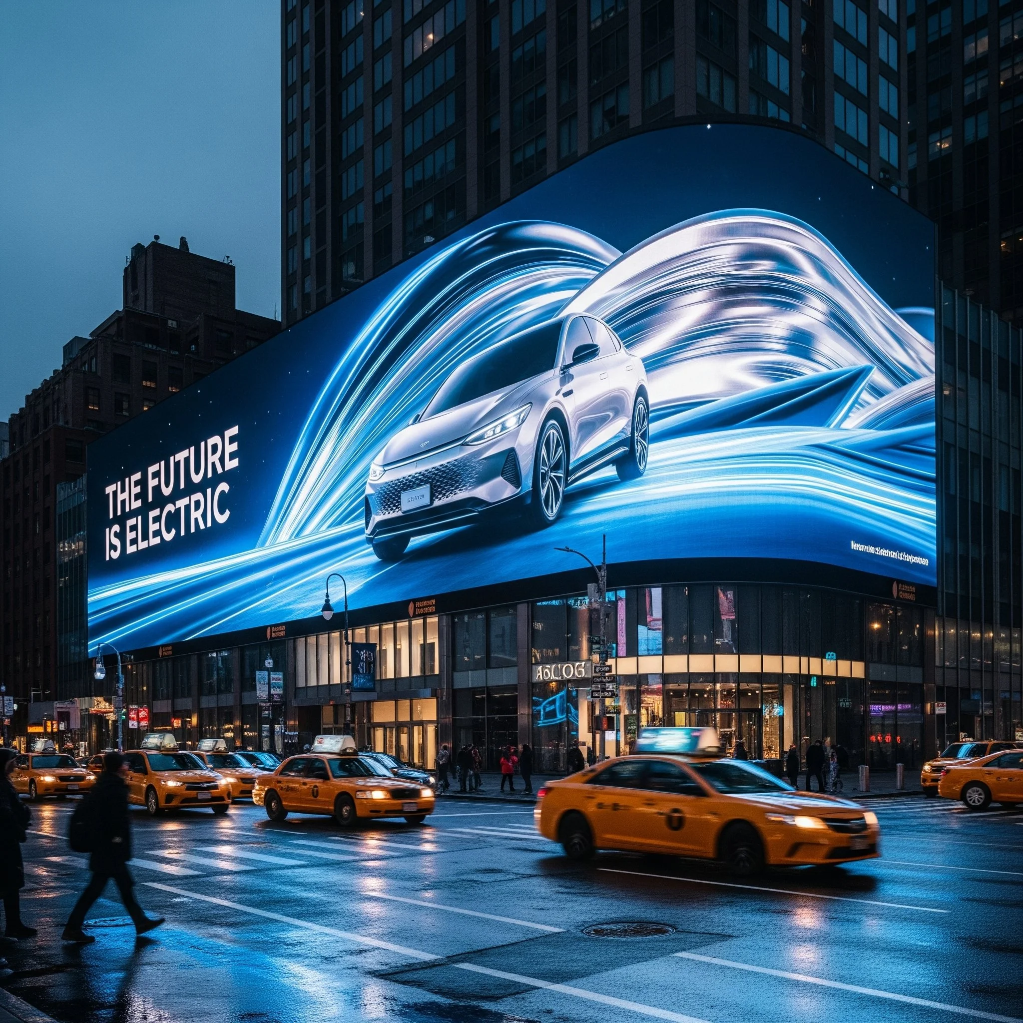 Billboard on a city building displays a car with swirling light trails and the message 'The Future is Electric' in a city street at dusk, with yellow taxis and pedestrians. Gold Coast